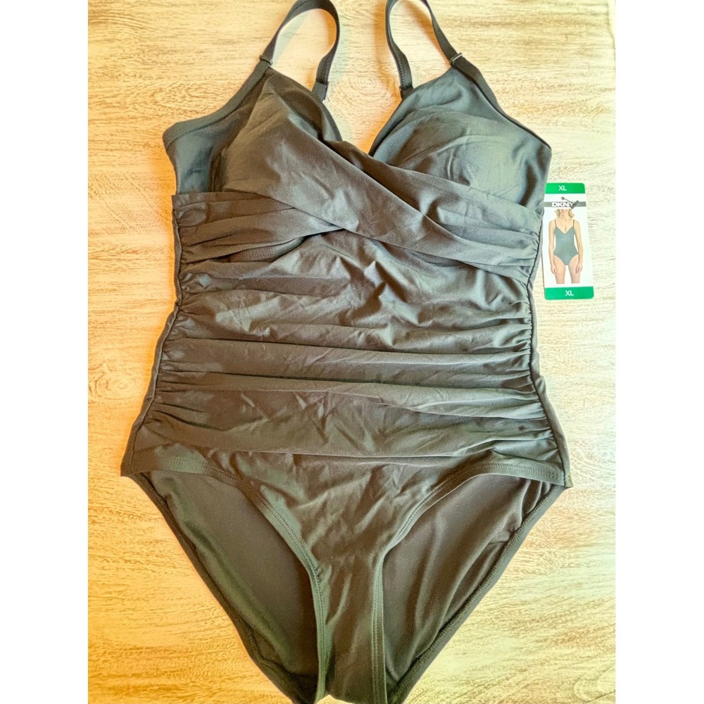 NWT DKNY One Piece Swimsuit Womens XL Black Tummy Control Surplice 1943727 - Picture 2 of 6